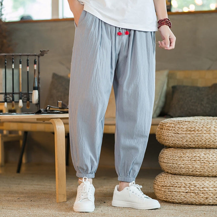 Pantaloni da uomo in lino con coulisse e tasche, tinta unita, rossi , Buddha Stones - image 24