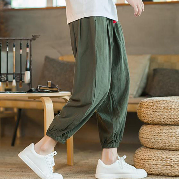 Pantaloni da uomo in lino con coulisse e tasche, tinta unita, rossi , Buddha Stones