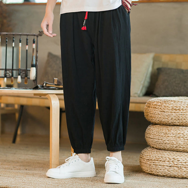 Pantaloni da uomo in lino con coulisse e tasche, tinta unita, rossi , Buddha Stones