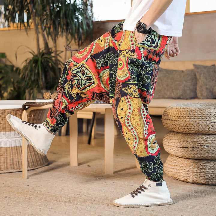 Pantaloni harem da uomo in cotone con stampa di foglie casual in oro rosso con tasche Buddha Stones