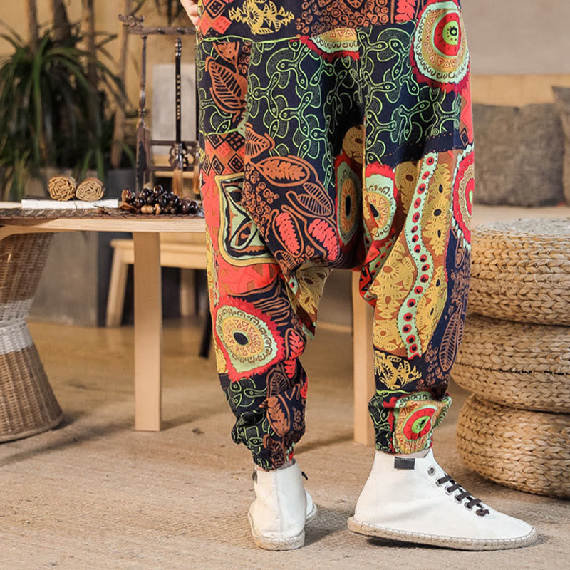 Pantaloni harem da uomo in cotone con stampa di foglie casual in oro rosso con tasche Buddha Stones