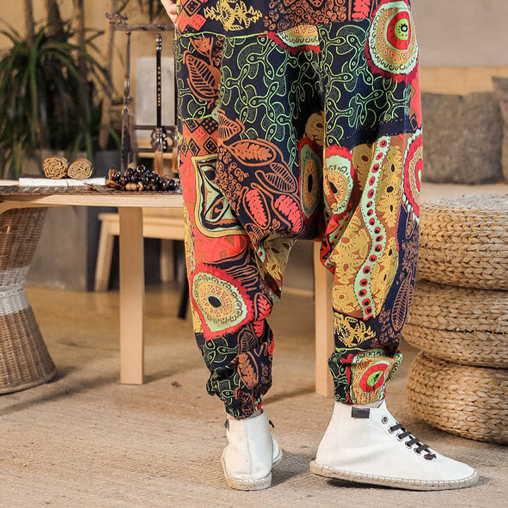 Pantaloni harem da uomo in cotone con stampa di foglie casual in oro rosso con tasche Buddha Stones