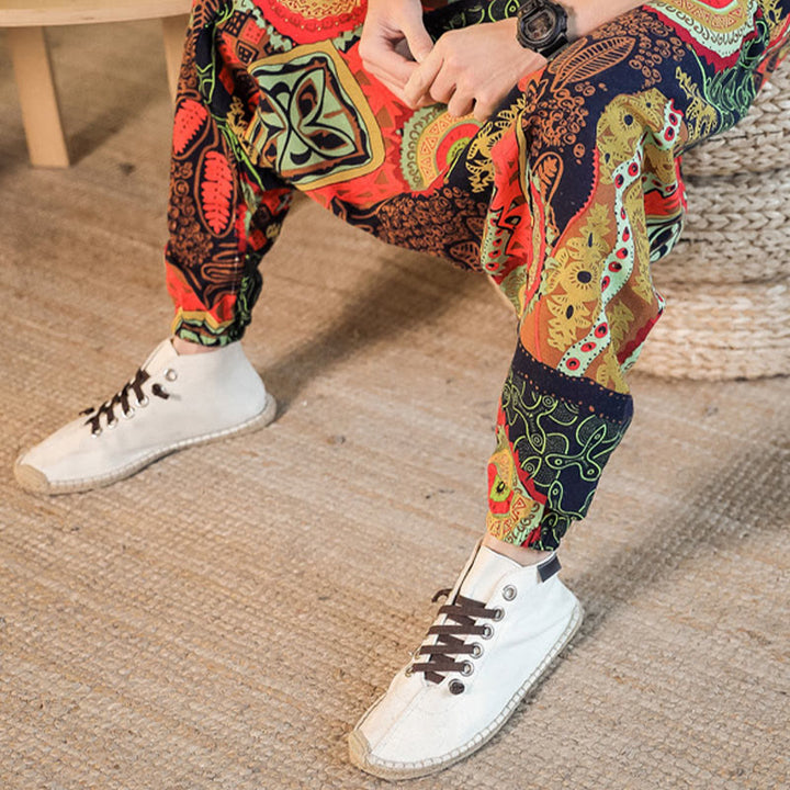 Pantaloni harem da uomo in cotone con stampa di foglie casual in oro rosso con tasche Buddha Stones