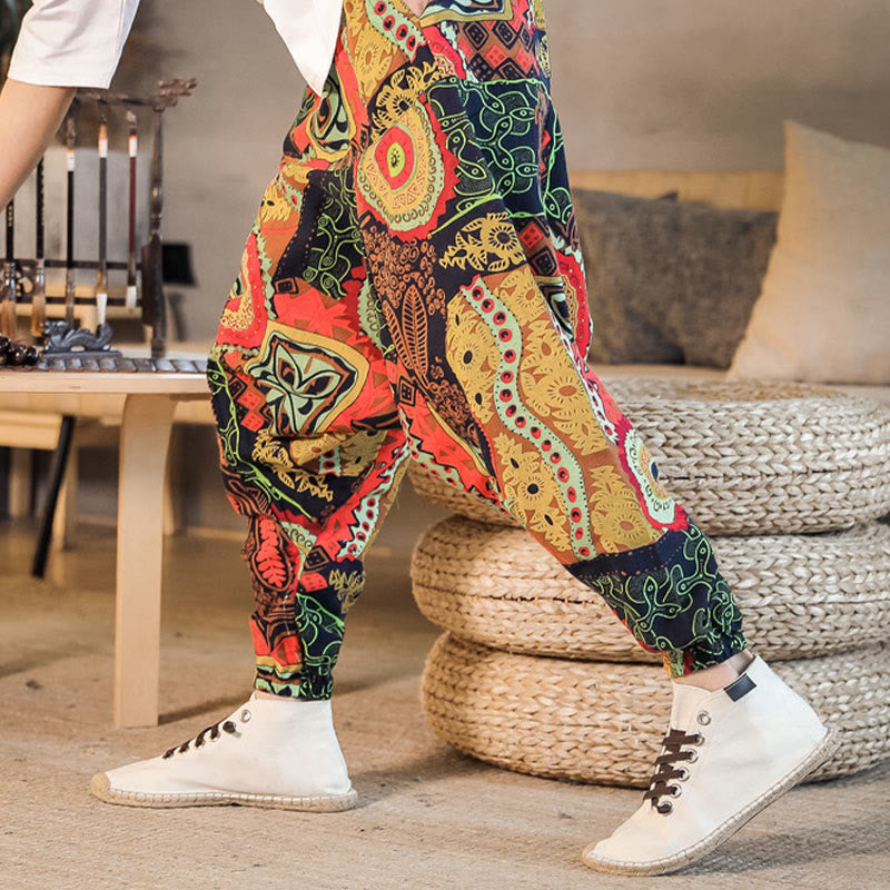 Pantaloni harem da uomo in cotone con stampa di foglie casual in oro rosso con tasche Buddha Stones