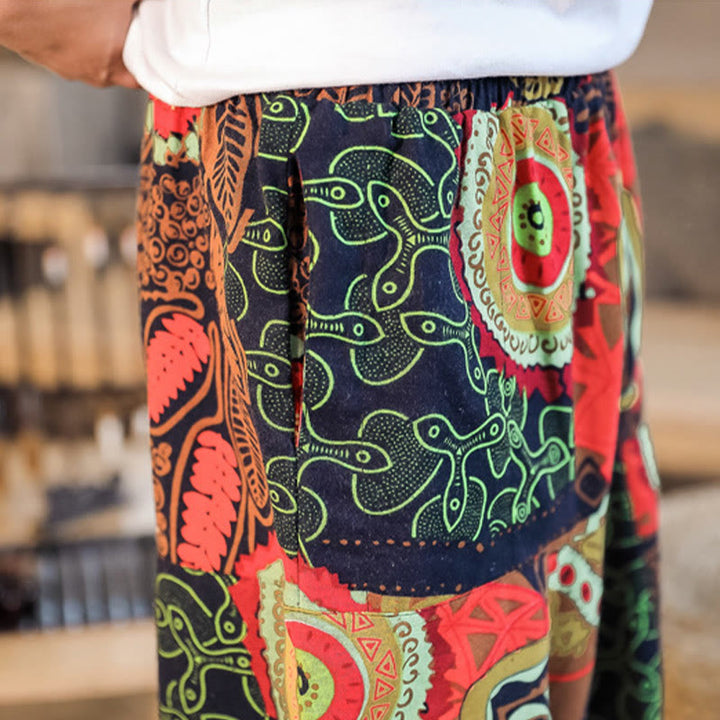 Pantaloni harem da uomo in cotone con stampa di foglie casual in oro rosso con tasche Buddha Stones
