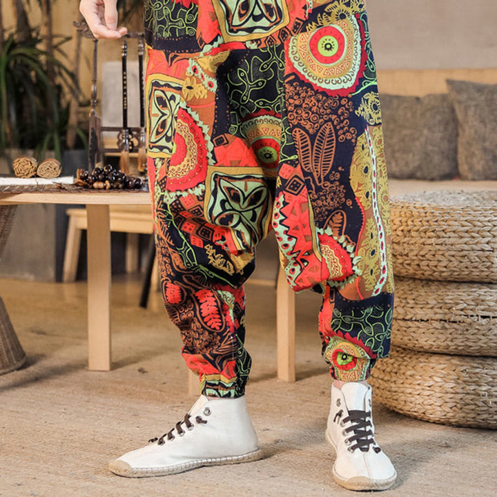 Pantaloni harem da uomo in cotone con stampa di foglie casual in oro rosso con tasche Buddha Stones
