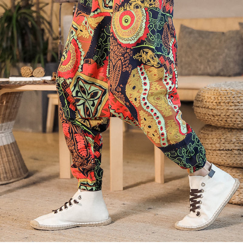 Pantaloni harem da uomo in cotone con stampa di foglie casual in oro rosso con tasche Buddha Stones