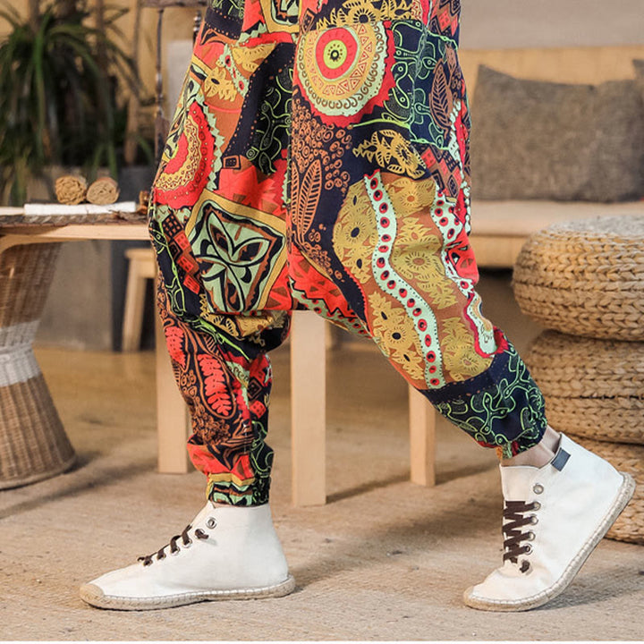 Pantaloni harem da uomo in cotone con stampa di foglie casual in oro rosso con tasche Buddha Stones