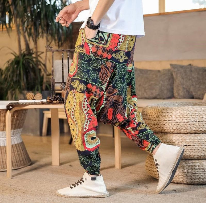 Pantaloni harem da uomo in cotone con stampa di foglie casual in oro rosso con tasche Buddha Stones