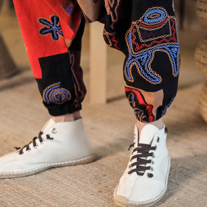 Pantaloni harem da uomo in cotone con stampa floreale a griglia con Buddha Stones e tasche