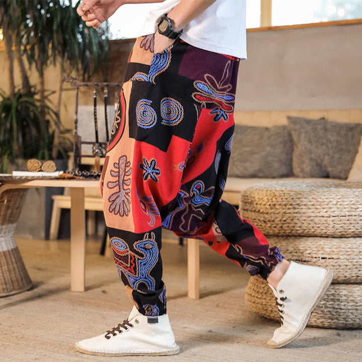 Pantaloni harem da uomo in cotone con stampa floreale a griglia con Buddha Stones e tasche