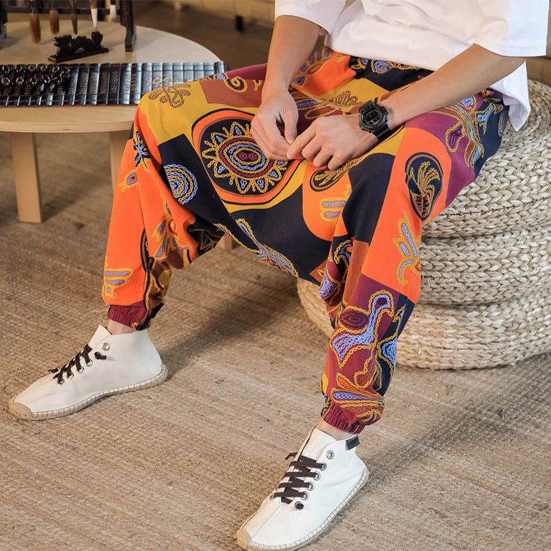 Pantaloni harem da uomo in cotone con stampa floreale a griglia con Buddha Stones e tasche