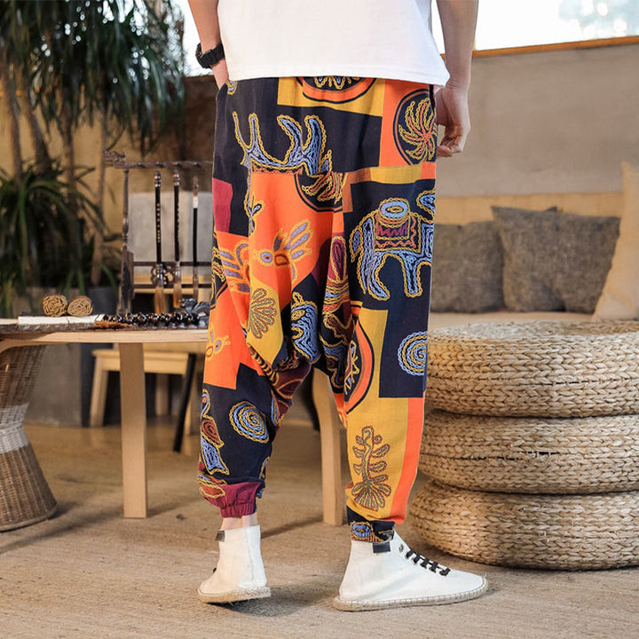 Pantaloni harem da uomo in cotone con stampa floreale a griglia con Buddha Stones e tasche - image 19