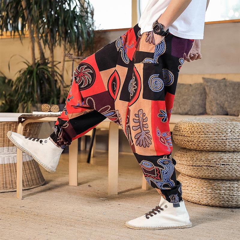 Pantaloni harem da uomo in cotone con stampa floreale a griglia con Buddha Stones e tasche - image 4