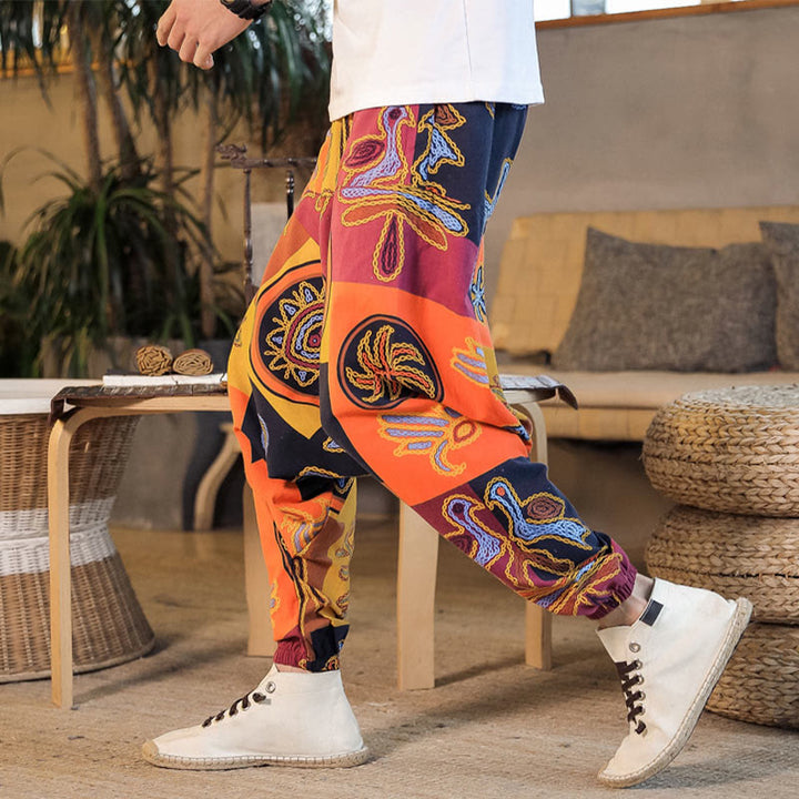 Pantaloni harem da uomo in cotone con stampa floreale a griglia con Buddha Stones e tasche