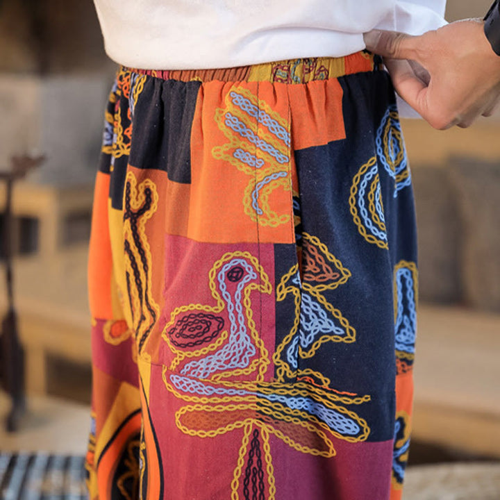 Pantaloni harem da uomo in cotone con stampa floreale a griglia con Buddha Stones e tasche