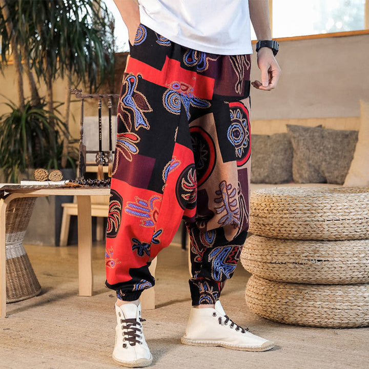Pantaloni harem da uomo in cotone con stampa floreale a griglia con Buddha Stones e tasche