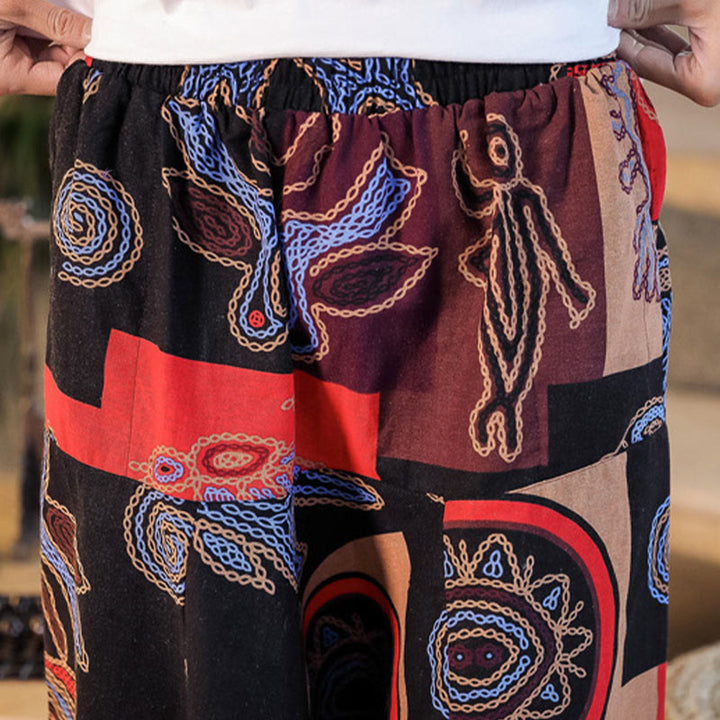 Pantaloni harem da uomo in cotone con stampa floreale a griglia con Buddha Stones e tasche