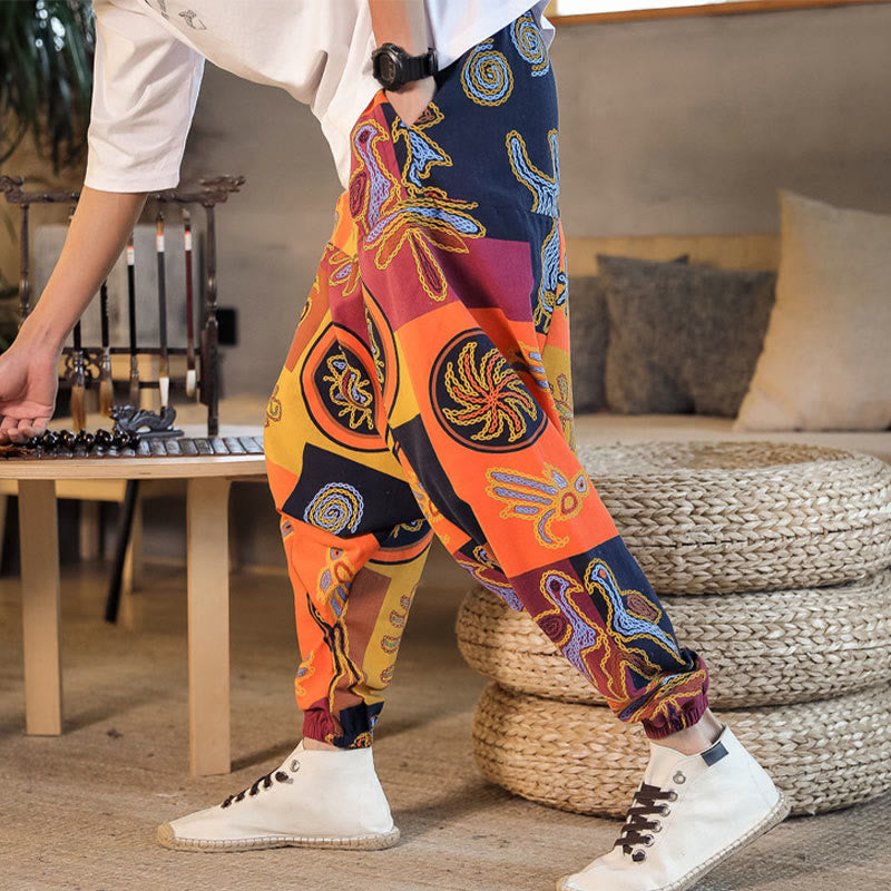 Pantaloni harem da uomo in cotone con stampa floreale a griglia con Buddha Stones e tasche - image 14