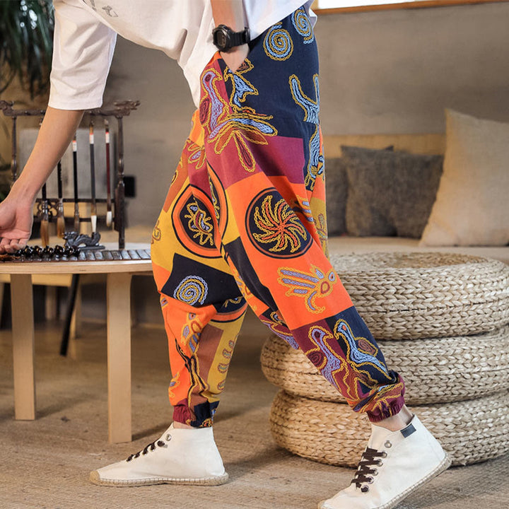 Pantaloni harem da uomo in cotone con stampa floreale a griglia con Buddha Stones e tasche - image 14
