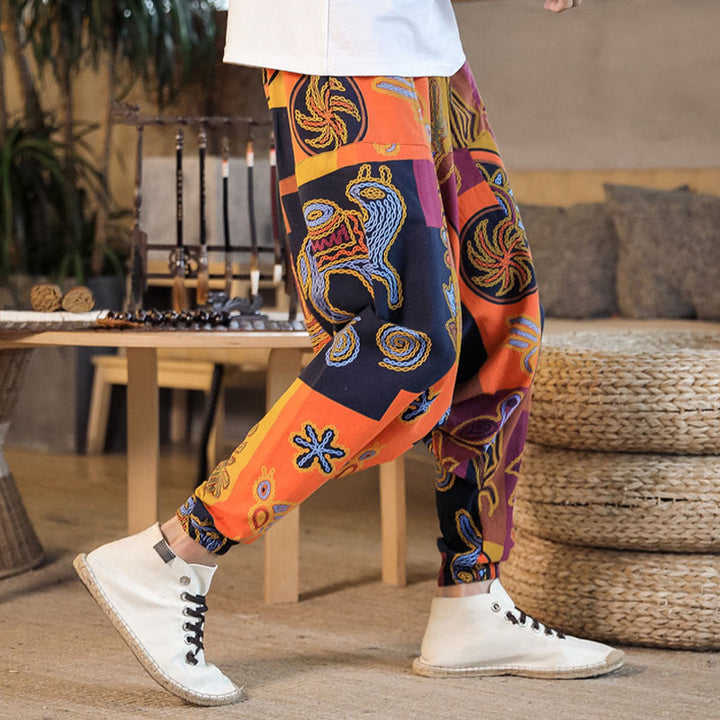 Pantaloni harem da uomo in cotone con stampa floreale a griglia con Buddha Stones e tasche
