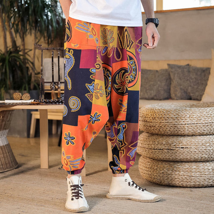 Pantaloni harem da uomo in cotone con stampa floreale a griglia con Buddha Stones e tasche