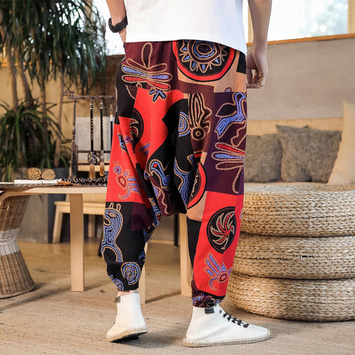Pantaloni harem da uomo in cotone con stampa floreale a griglia con Buddha Stones e tasche - image 7
