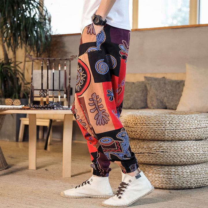 Pantaloni harem da uomo in cotone con stampa floreale a griglia e motivo Buddha Stones, con tasche. - image 2