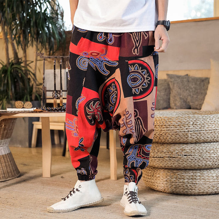 Pantaloni harem da uomo in cotone con stampa floreale a griglia e motivo Buddha Stones, con tasche. - image 1