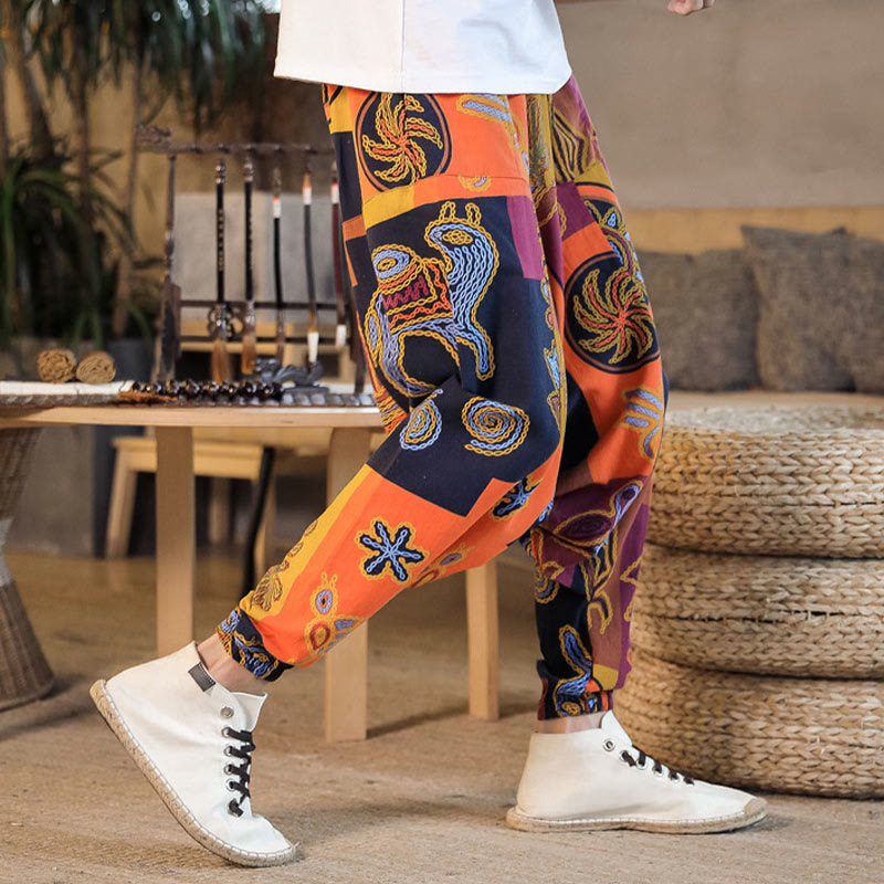 Pantaloni harem da uomo in cotone con stampa floreale a griglia e motivo Buddha Stones, con tasche. - image 17