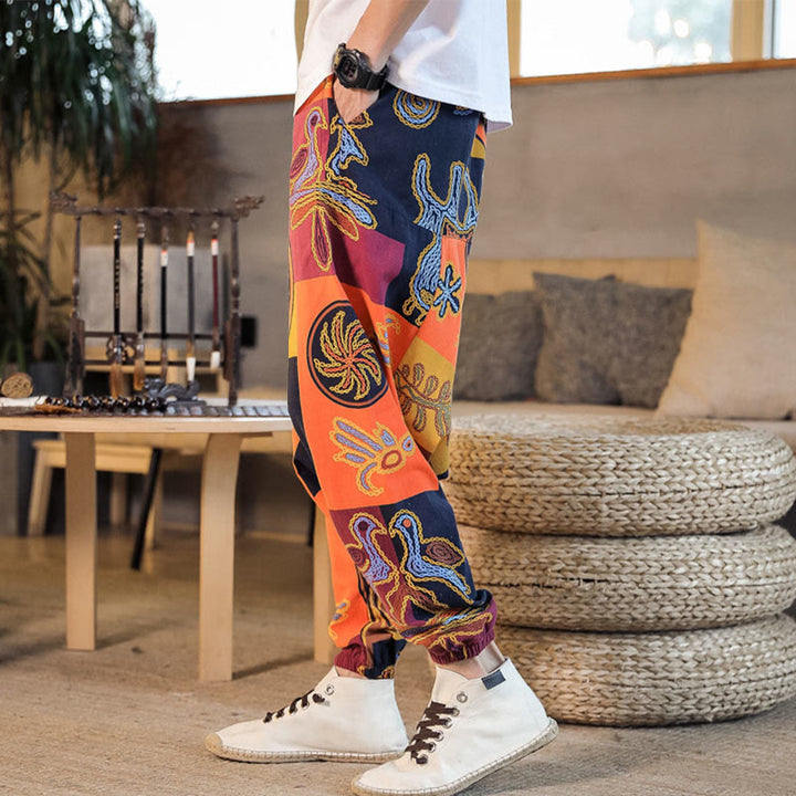 Pantaloni harem da uomo in cotone con stampa floreale a griglia con Buddha Stones e tasche