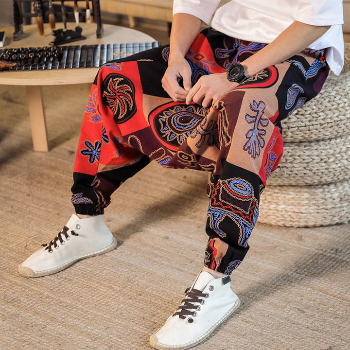 Pantaloni harem da uomo in cotone con stampa floreale a griglia con Buddha Stones e tasche