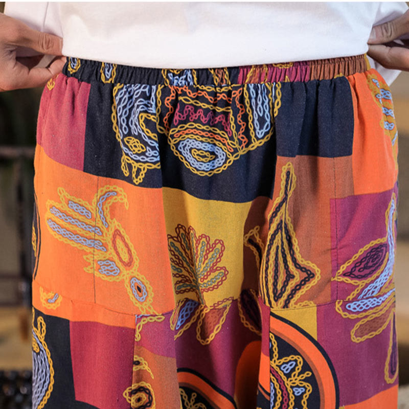 Pantaloni harem da uomo in cotone con stampa floreale a griglia con Buddha Stones e tasche - image 20