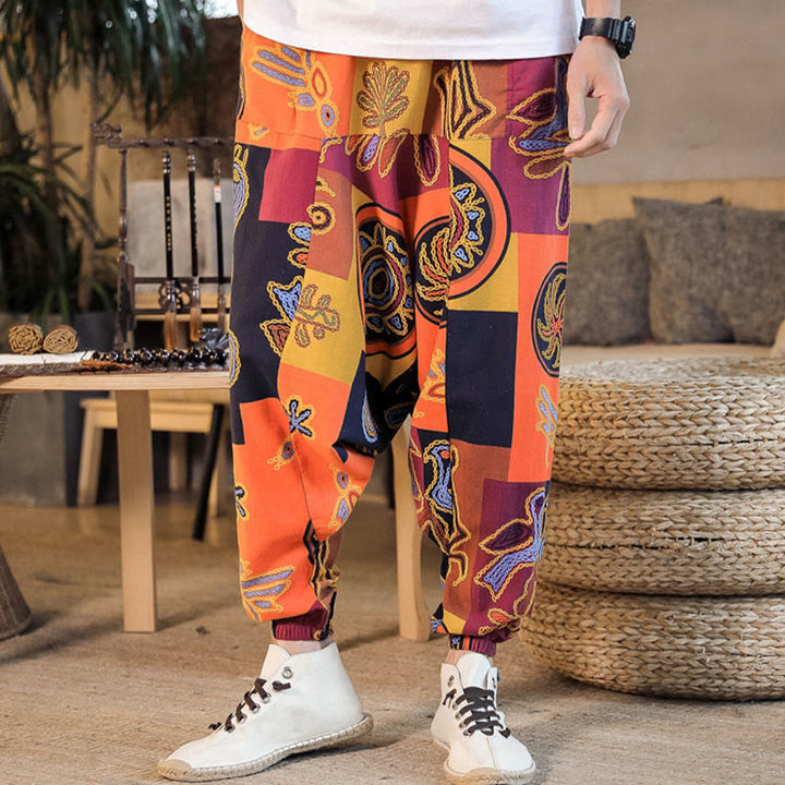 Pantaloni harem da uomo in cotone con stampa floreale a griglia con Buddha Stones e tasche