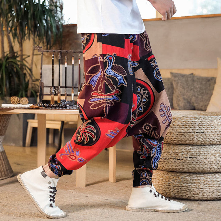 Pantaloni harem da uomo in cotone con stampa floreale a griglia con Buddha Stones e tasche