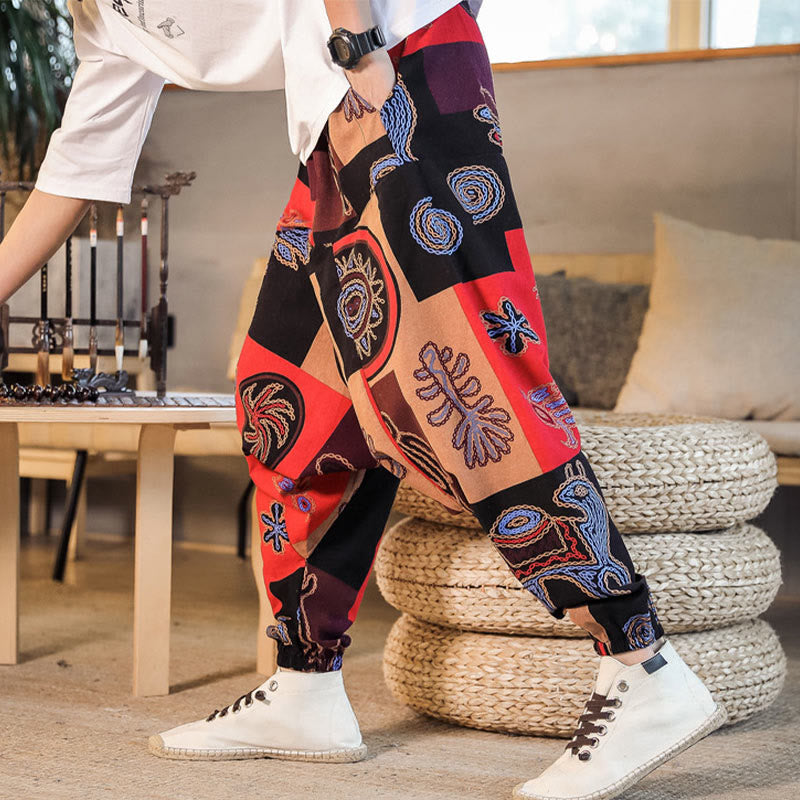 Pantaloni harem da uomo in cotone con stampa floreale a griglia con Buddha Stones e tasche