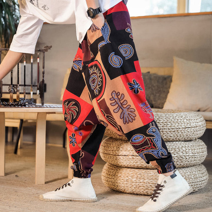 Pantaloni harem da uomo in cotone con stampa floreale a griglia con Buddha Stones e tasche
