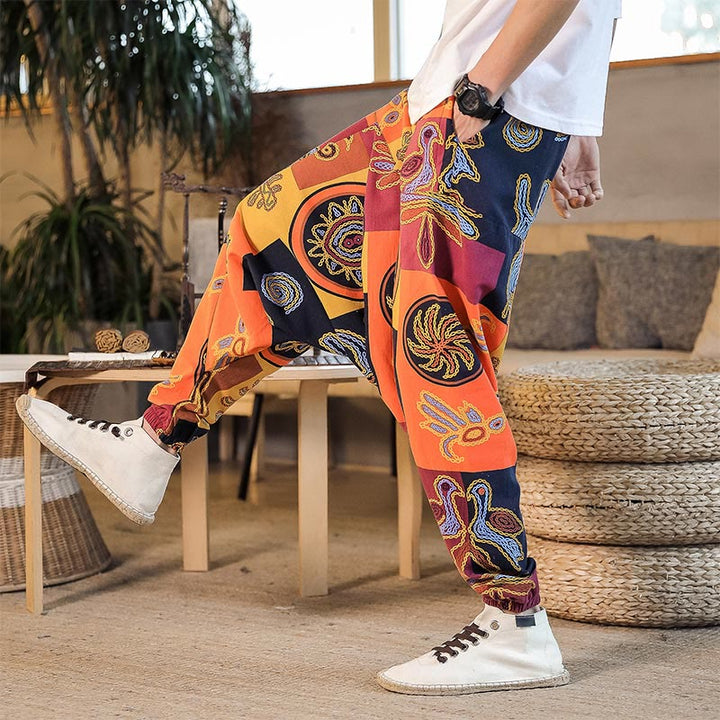Pantaloni harem da uomo in cotone con stampa floreale a griglia con Buddha Stones e tasche - image 15