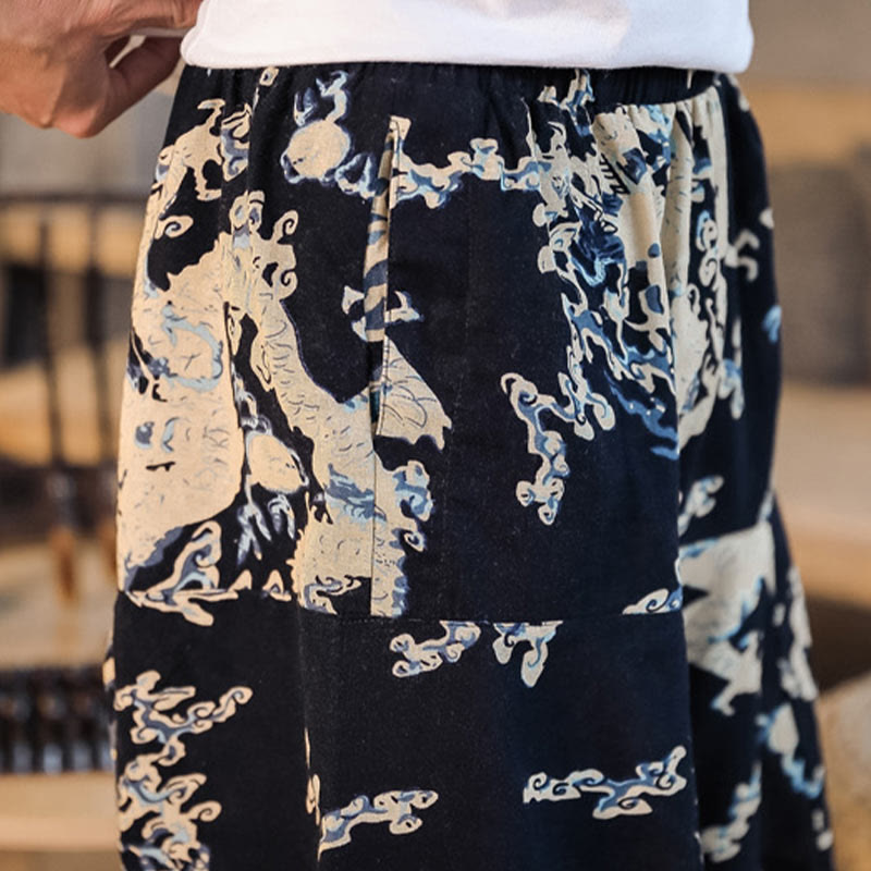 Pantaloni harem da uomo in cotone con motivo a drago cinese e tasche, modello Buddha Stones