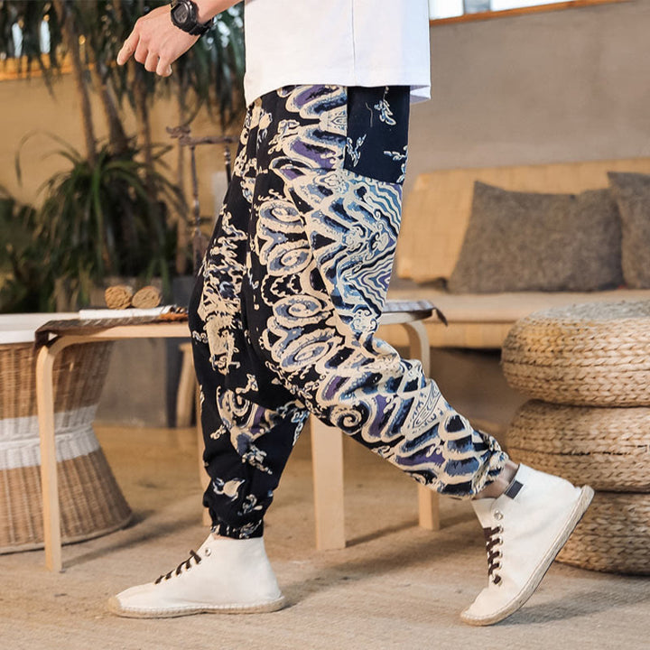 Pantaloni harem da uomo in cotone con motivo a drago cinese e tasche, modello Buddha Stones