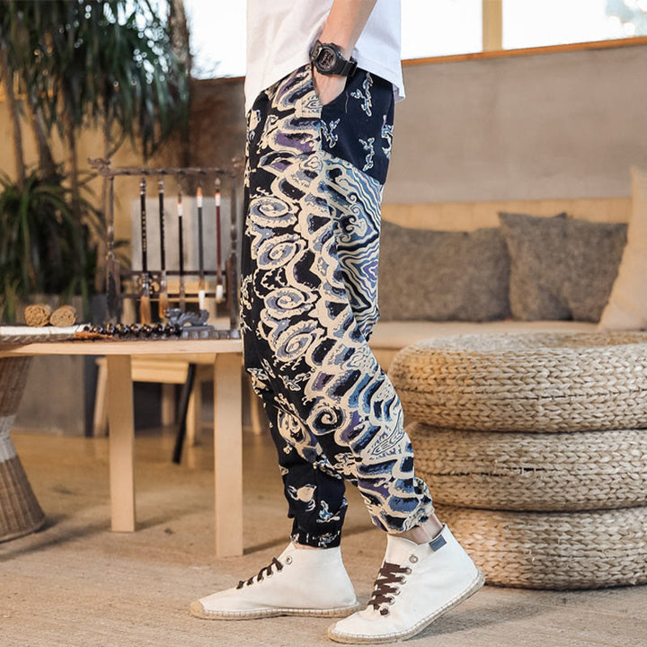 Pantaloni harem da uomo in cotone con motivo a drago cinese e tasche, modello Buddha Stones