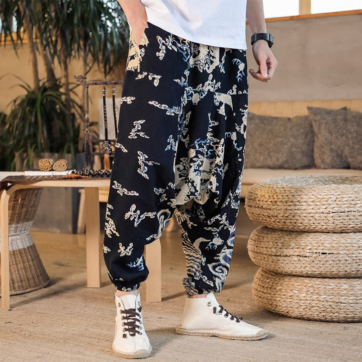 Pantaloni harem da uomo in cotone con motivo a drago cinese e tasche, modello Buddha Stones