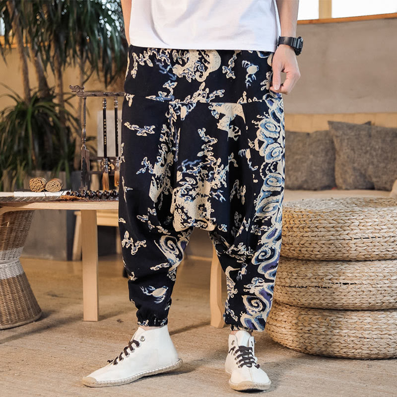 Pantaloni harem da uomo in cotone con motivo a drago cinese e tasche, modello Buddha Stones
