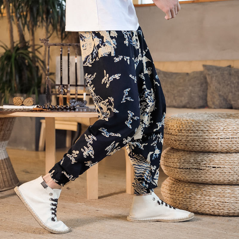 Pantaloni harem da uomo in cotone con motivo a drago cinese e tasche, modello Buddha Stones