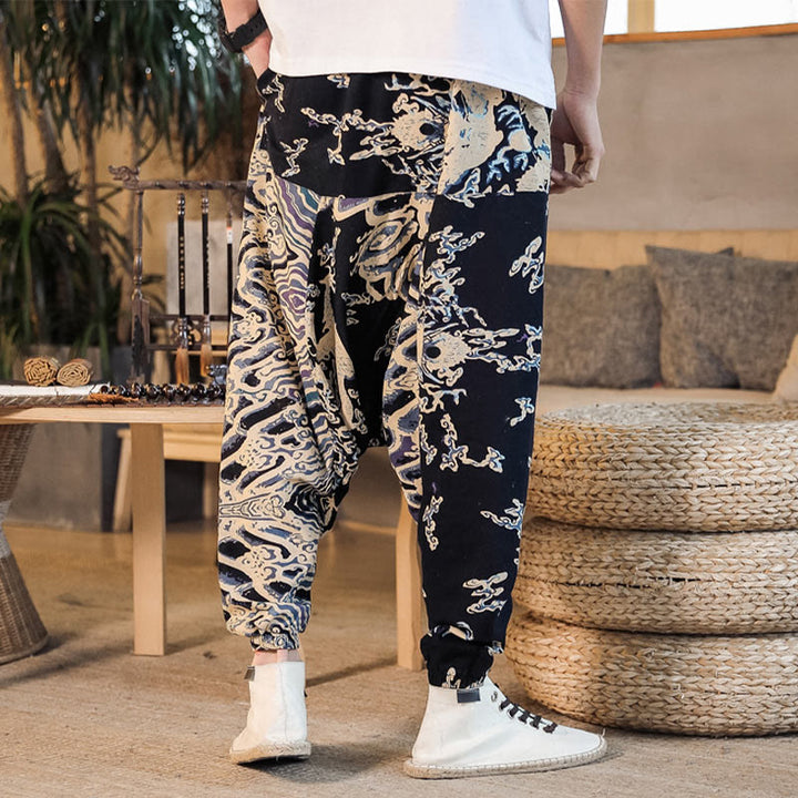 Pantaloni harem da uomo in cotone con motivo a drago cinese e tasche, modello Buddha Stones