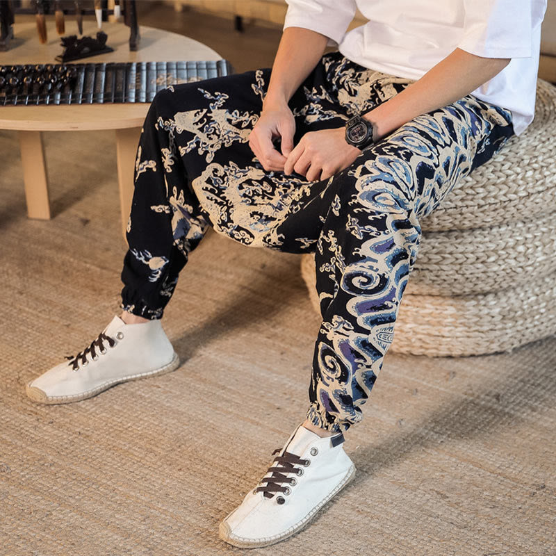 Pantaloni harem da uomo in cotone con motivo a drago cinese e tasche, modello Buddha Stones