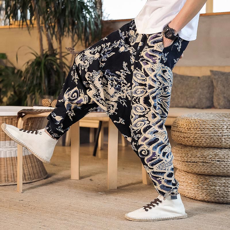 Pantaloni harem da uomo in cotone con motivo a drago cinese e tasche, modello Buddha Stones