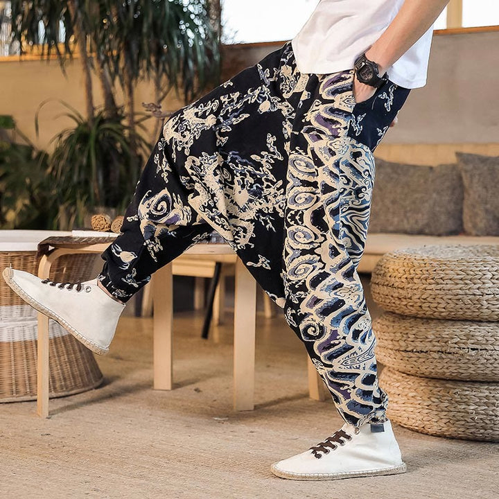 Pantaloni harem da uomo in cotone con motivo a drago cinese e tasche, modello Buddha Stones