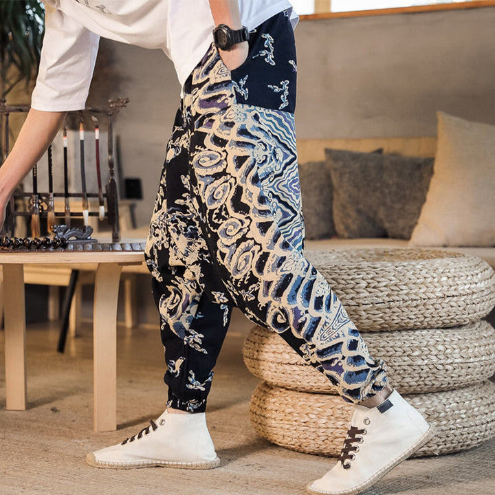 Pantaloni harem da uomo in cotone con motivo a drago cinese e tasche, modello Buddha Stones