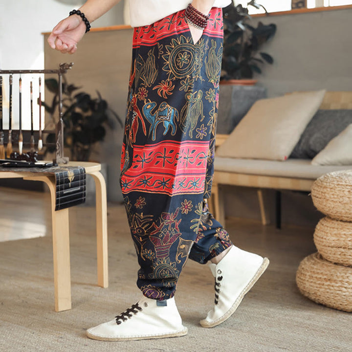 Pantaloni harem da uomo in cotone con tasche e motivo a cammello colorato Buddha Stones